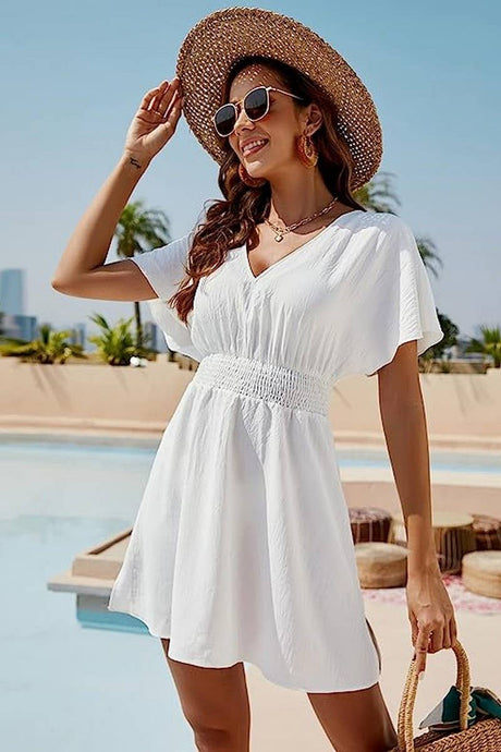 White V Neck Pleated Short Dress