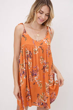 Floral Swing Mini Dress w/ Shoulder Tie Straps: Rust