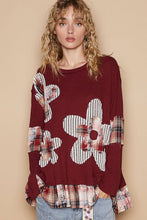 Round neck long sleeve plaid floral print top: Burgundy