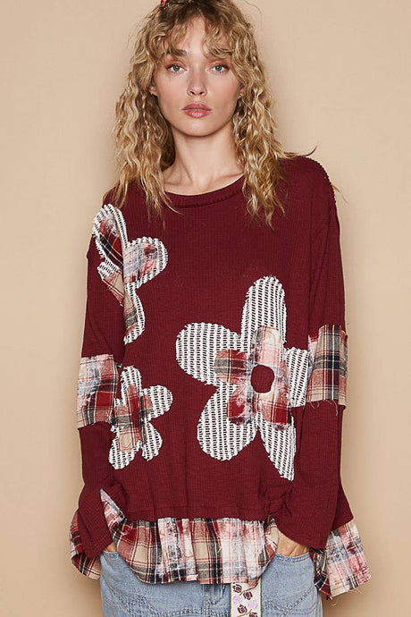 Round neck long sleeve plaid floral print top: Burgundy