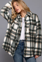 Long Sleeve Button Down Oversize Printed Faux Fur Jacket: Teal Taupe