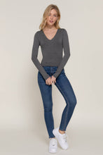 Long Sleeve V-Neck Two Ply Rayon Spandex Jersey Top: Charcoal Grey