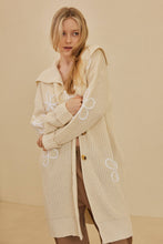 Wide Collared Mello Cardigan with Floral Overstitch: Cream