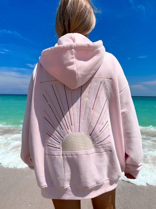 Sunset Rays Zip-Up Hoodie: Light Pink