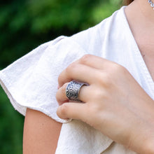 Silver Patina Ring - Black Floral Pattern