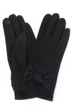 Stone Deco Ribbon Winter Gloves: Black