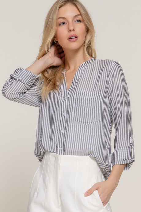 Black Long Sleeve Split Round Neck Button Down Stripe Woven Shirt