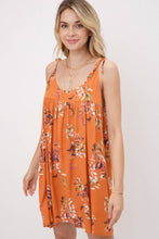 Floral Swing Mini Dress w/ Shoulder Tie Straps: Rust