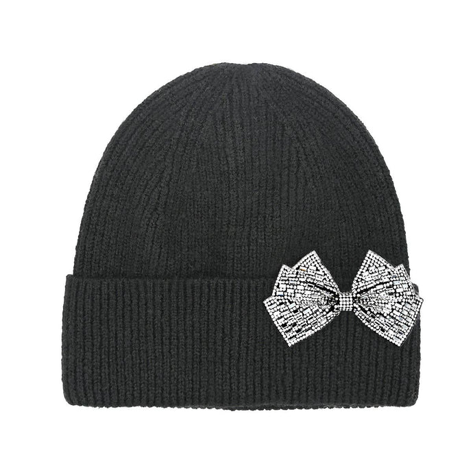 C.C Rhinestone Bow Cuff Beanie: Black