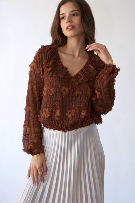 Flower Applique Long Sleeve Sage + Fig Blouse: Brown