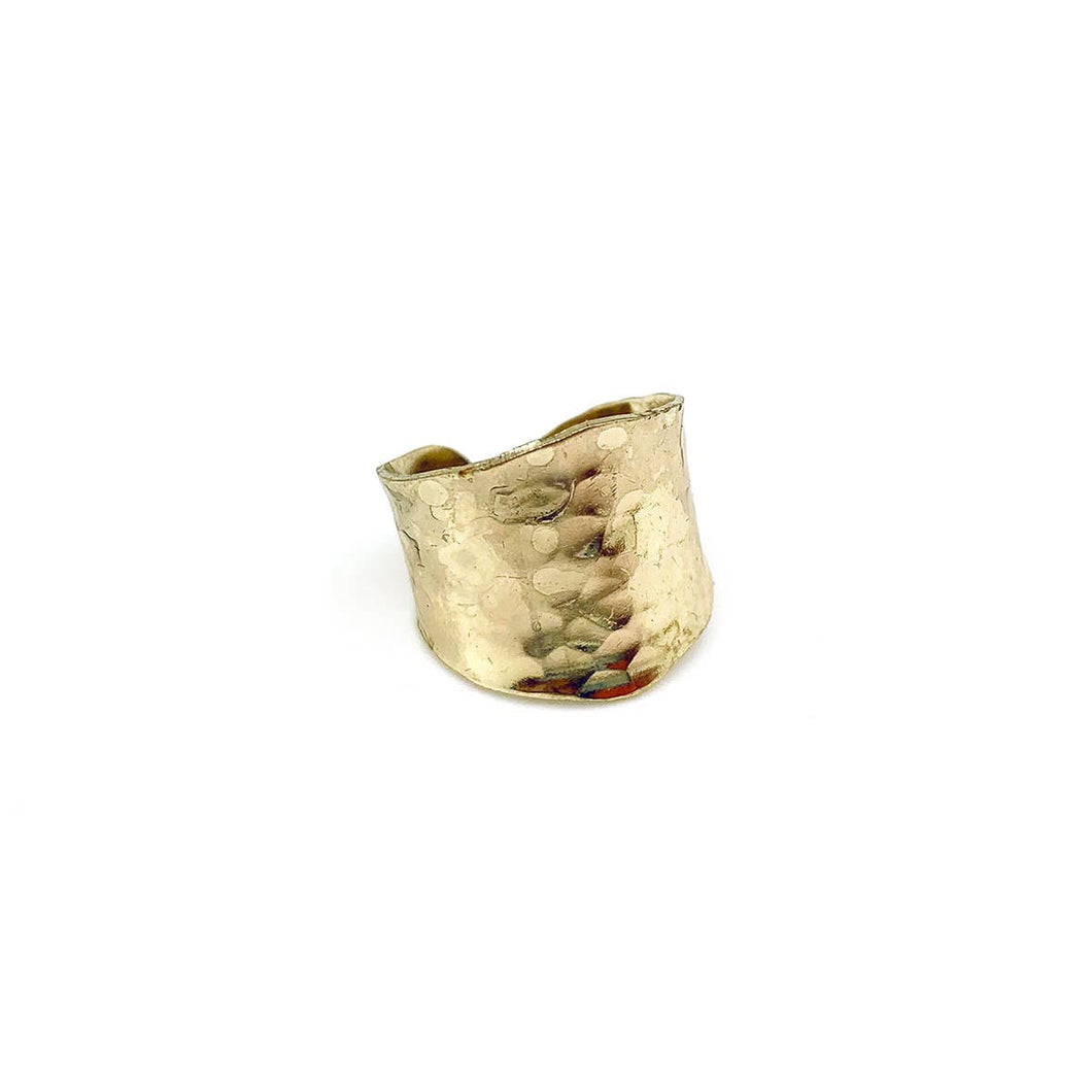 Gold Plated Adjustable Ring - Hammered Wide Band