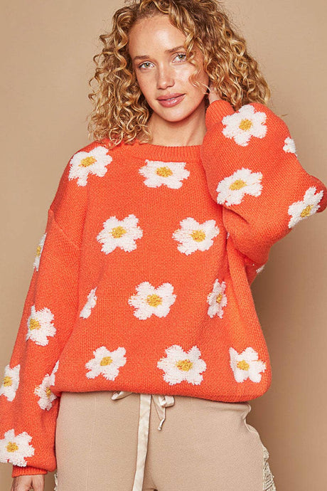 Oversize round neck daisy floral pattern sweater: Sun Orange