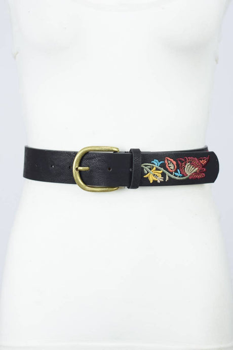 Flower Embroidered Statement Belt: Black