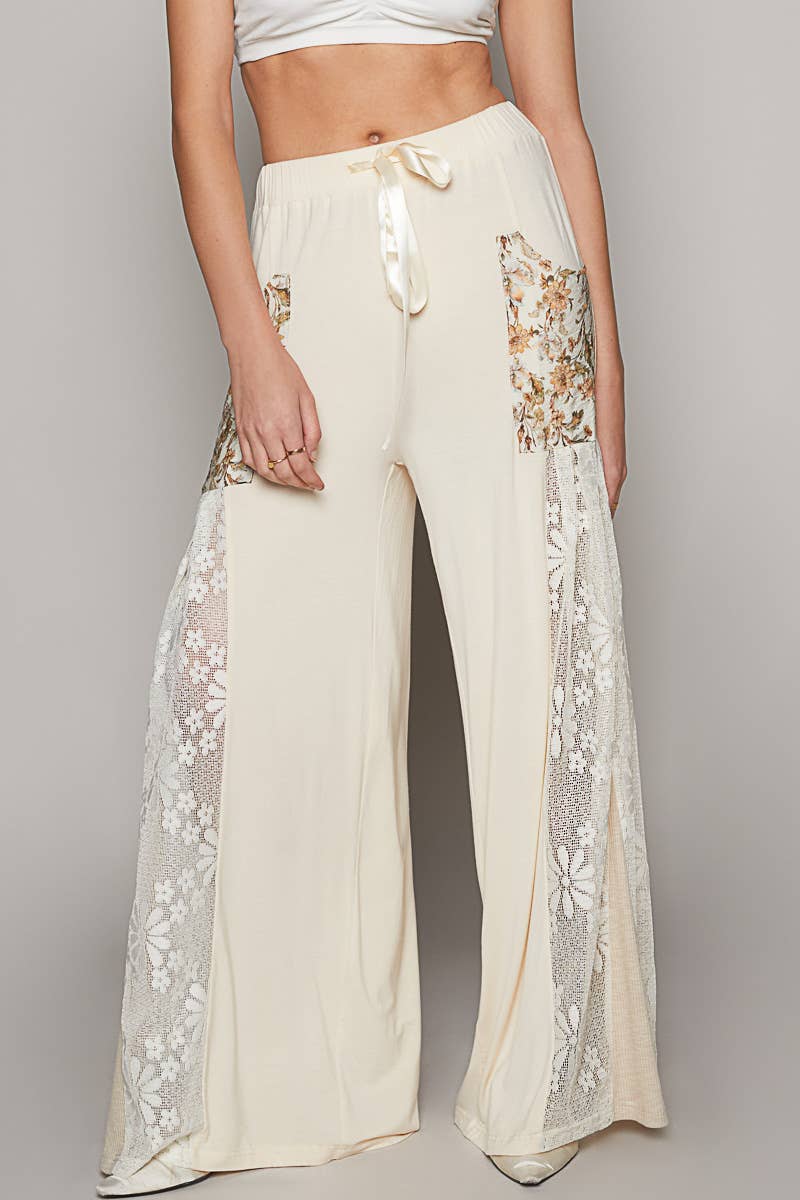 POL Cream Lace printed fabric contrast adjustable strap wide pants