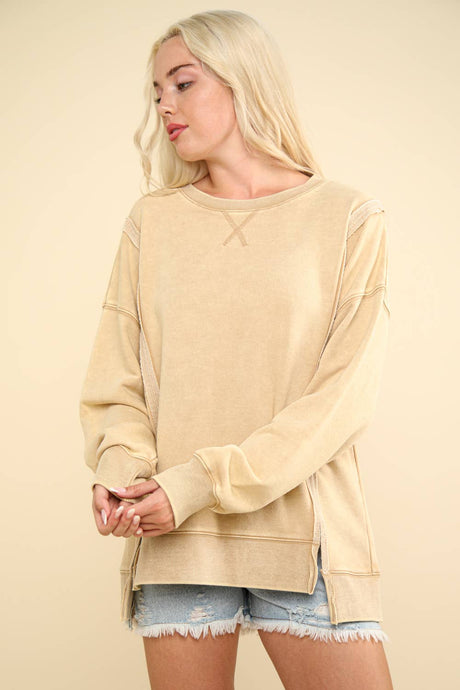 Mineral Washed French Terry Oversized Knit Top: Beige