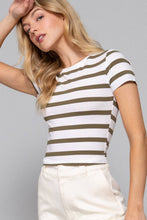 Short Sleeve Crew Neck Y/D Stripe Knit Crop Top: Off White Natural Tan