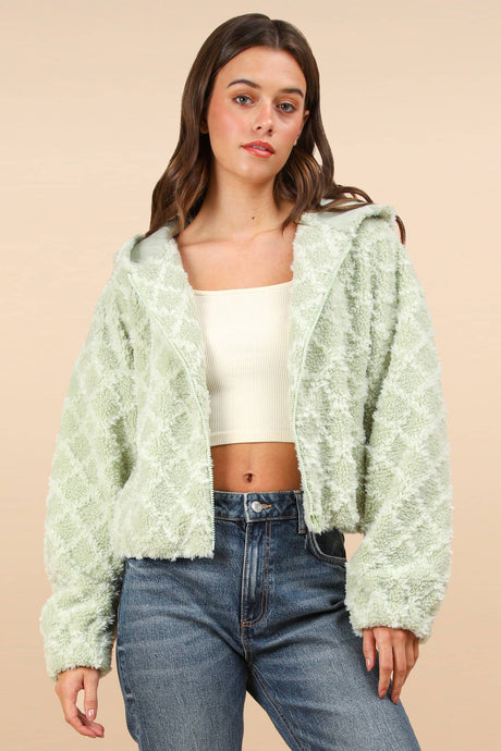 Oversized Fuzzy Fur Textured Knit Hoodie Jacket: Sage