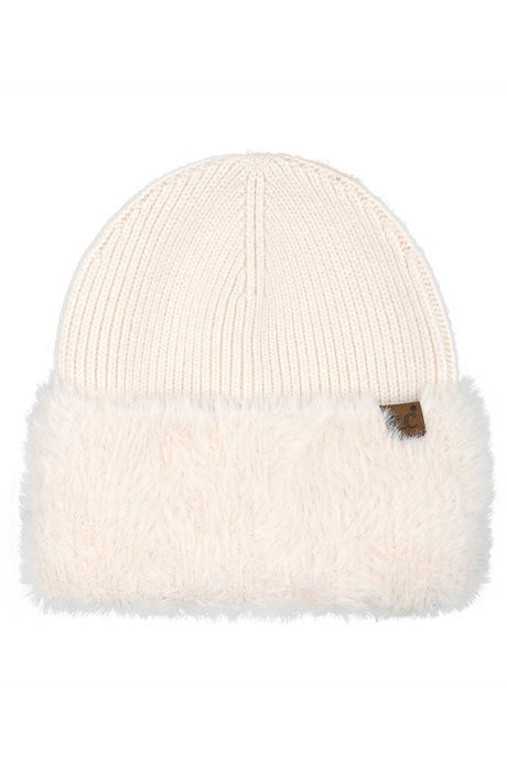 C.C Fur Cuff Beanie Winter Hat: Ivory