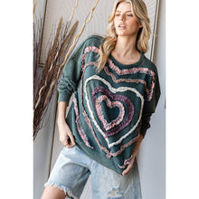 Washed Heart Patchwork Detail Pullover Knit Top: Green