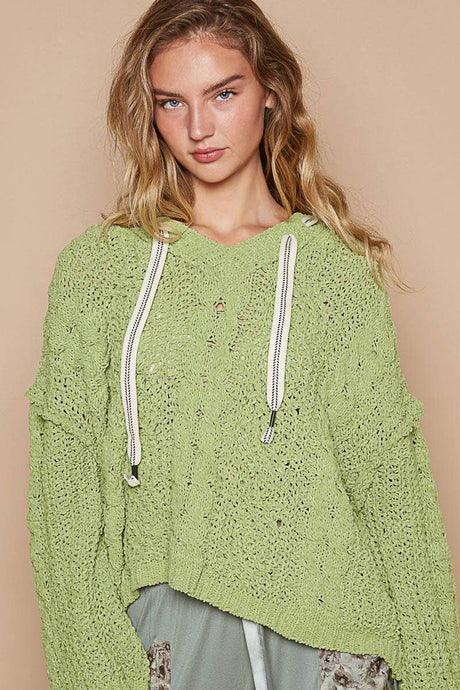 Oversize fit v-neck hooded cable knit chenille sweater: Pear Green