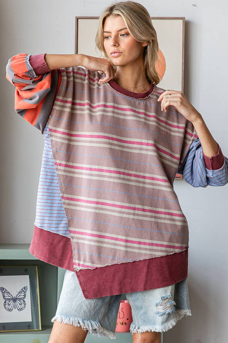 Washed Oversized Strip Oli&Hali Top: Mauve