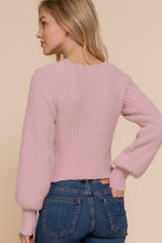 Long Puff Sleeve V-neck Rib Sweater Top: soft pink