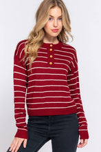 Dark Red Ivory Long Sleeve with Buttoned Placket Stripe Sweater