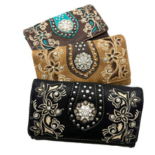 Rhinestone Concho Floral Crossbody Wallet: Brown