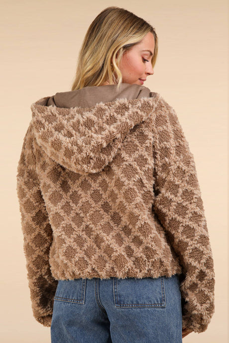 Oversized Fuzzy Fur Textured Knit Hoodie Jacket: Mocha