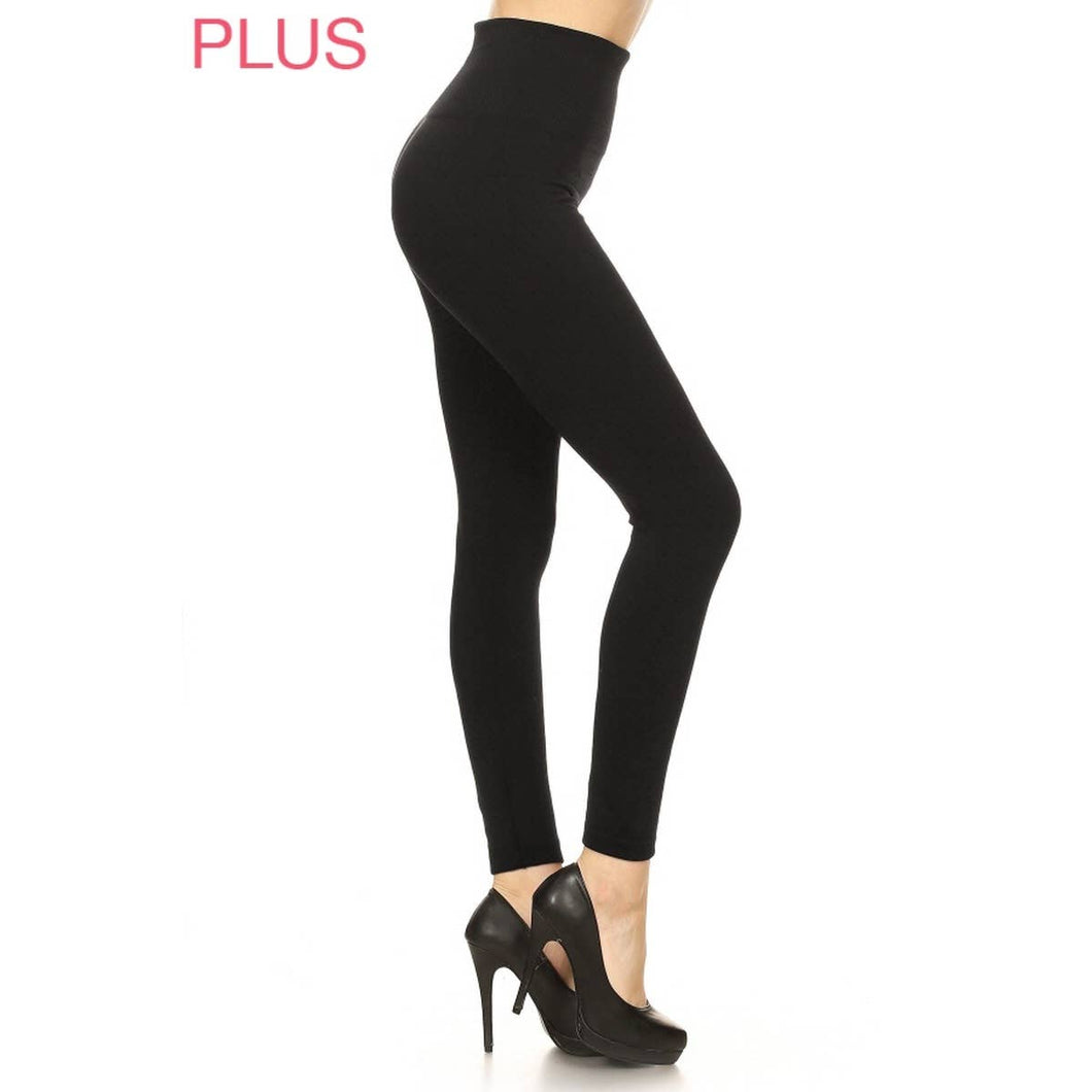 Wide Waistband Plus Size Fleece Lined Leggings: Black