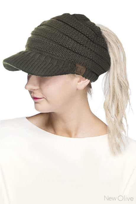 C.C Knit Brim Messy Bun Ponytail Beanie: New Olive