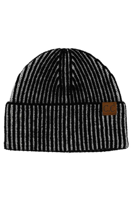 C.C Contrast Color Stripes Cuff Beanie: Black