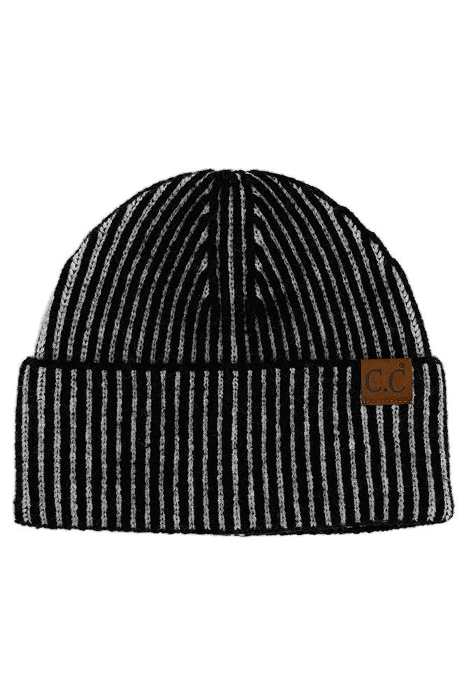 C.C Contrast Color Stripes Cuff Beanie: Black