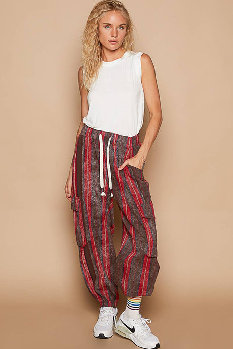 Vintage washed stripe jogger pants: Choco Red Multi