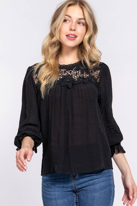 3/4 Sleeve Front Crochet Lace Panel Woven Top: Black