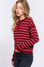 Dark Red Ivory Long Sleeve with Buttoned Placket Stripe Sweater