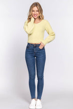 Long Puff Sleeve V-neck Rib Sweater Top: Lemon