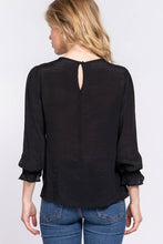 3/4 Sleeve Front Crochet Lace Panel Woven Top: Black