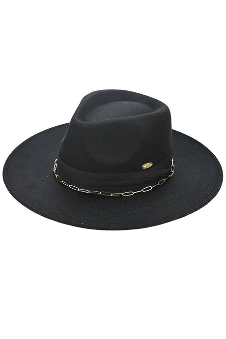 C.C Link Chain and Pleated Wide Band Felt Hat Panama Hat: Black