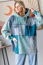 Washed Denim Patchwork Hoodie: Teal Blue