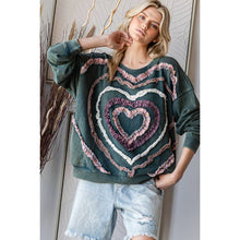 Washed Heart Patchwork Detail Pullover Knit Top: Green