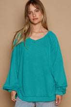 Back Cross Strap Details Balloon Sleeve Sweatshirt Top: Evergreen