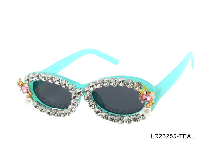 Round Teal Rhinestone Woman Sunglasses