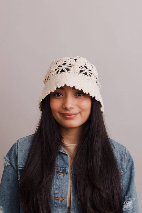 Floral Crochet Bucket Sun Hat: Natural