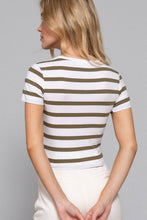 Short Sleeve Crew Neck Y/D Stripe Knit Crop Top: Off White Natural Tan