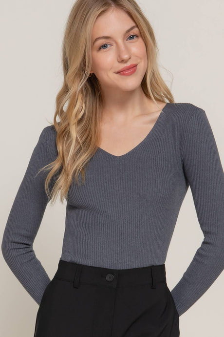 Long Sleeve V-neck Fitted Viscose Rib Sweater Top: Heather Charcoal Grey