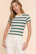 Short Sleeve Crew Neck Y/D Stripe Knit Crop Top: Off White Green