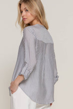 Black Long Sleeve Split Round Neck Button Down Stripe Woven Shirt