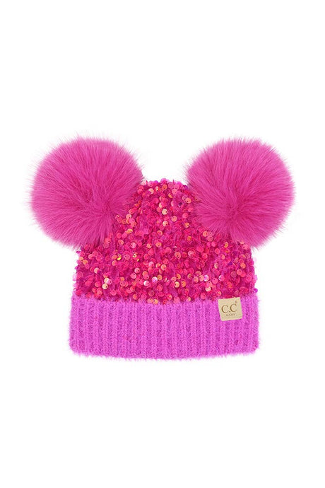 C.C Baby Sequin Fur Pom Pom Beanie: Hot Pink