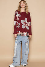 Round neck long sleeve plaid floral print top: Burgundy